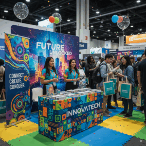 Modern trade show booth with glowing backlit graphics, LED accent lights, and spotlights highlighting key products.