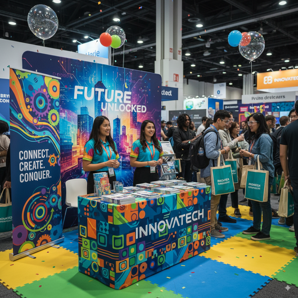 Modern trade show booth with glowing backlit graphics, LED accent lights, and spotlights highlighting key products.