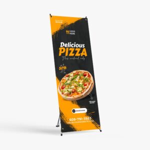 X banner stand and banner. Great for low cost displays.