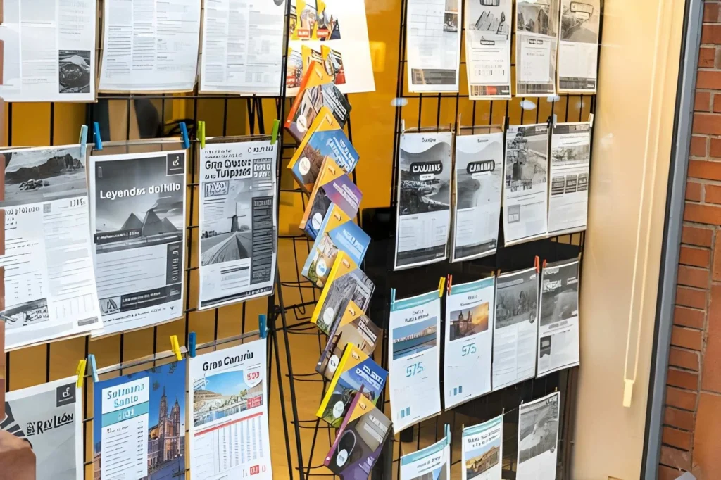 Marketing flyers and printed documents clipped on a storefront display