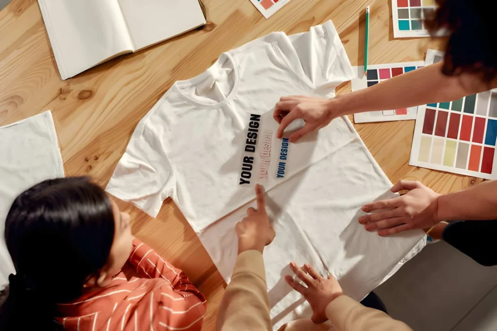 Custom apparel printing process with color swatches and shirt design